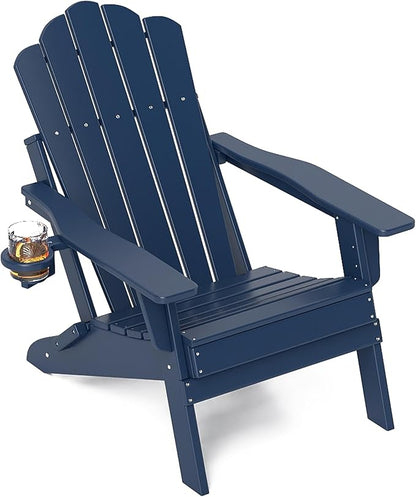 FOOWIN Adirondack Chair, Folding HDPE Patio Chair with Cup Holder, 400LBS Heavy Duty Plastic Outdoor Chair for Fire Pit, Porch, Balcony, Deck, Weather Resistant,Navy Blue