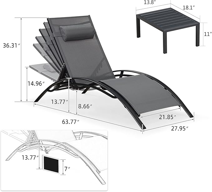 PURPLE LEAF Patio Oversized Chaise Lounge with 15FT Umbrella Outdoor Lounge Chair Beach Pool Sunbathing Lawn Lounger, Base and Side Table Included, Grey