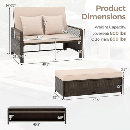 LDAILY Moccha Outdoor Daybed, PE Rattan Double Chaise Lounge w/ 4-Level Adjustable Back, Storage Ottoman, Cushions & Pillows, Separated Seating, Wicker Sunbed for Garden Patio Furniture Set (Beige)