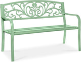 Best Choice Products Outdoor Bench Steel Garden Patio Porch Furniture for Lawn, Park, Deck w/Floral Design Backrest - Photo 1