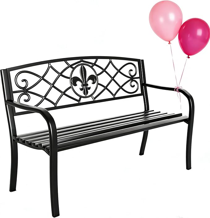 YLGJ&TIDY 50 Inches Garden Benches for Outdoor Patio Bench with Floral Pattern Backrest Armrest Weatherproof Park Benches Metal Bench for Garden Park Porch Lawn Yard (BENCH01)