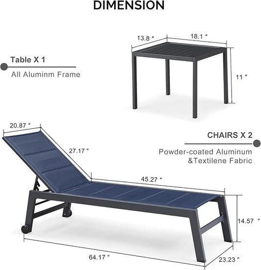 PURPLE LEAF Outdoor Chaise Lounge Set of 2 Aluminum Patio Lounge Chair with Wheels and Side Table Pool Chaise Lounge Chair for Outdoor Backyard Poolside Navy Blue