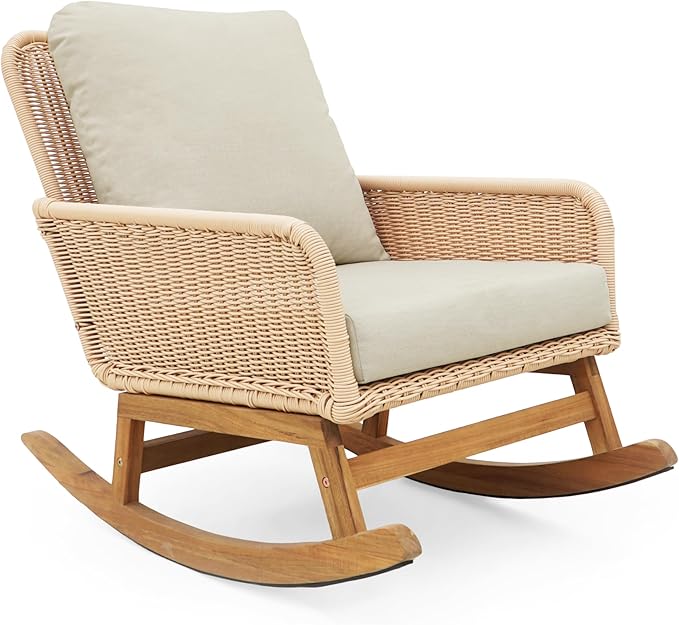 Outdoor Wooden Rocking Chair, Patio Rocking Chair with Soft Cushions & Wood Leg - Photo 4