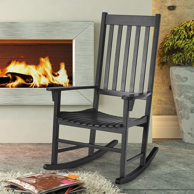 Giantex Rocking Chair Acacia Wood Frame Outdoor& Indoor for Garden, Lawn, Balcony, Backyard and Patio Porch Rocker (1, Black)