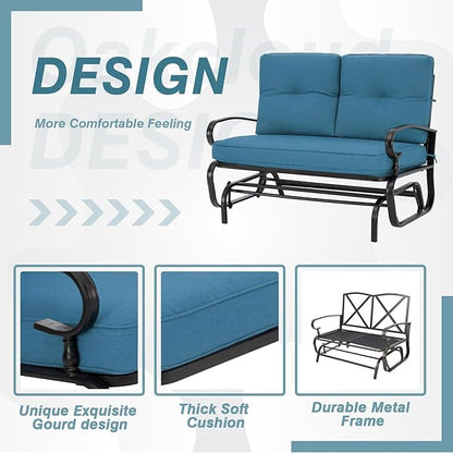 Outdoor Glider Rocking Bench 2 Person Patio Loveseat Steel Frame Furniture Set for Patio, Garden, Yard, Porch with Resistant Cushions (Peacock Blue)