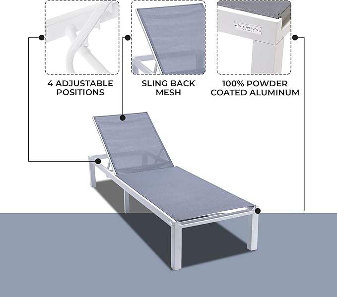 LeisureMod Marlin Aluminum Outdoor Chaise Lounge Chair - Mesh Sling Fabric Seat White Aluminum Frame Beach, Pool Lounge Chair for Modern Patio Lawn, Garden and Backyard (Dark Grey)