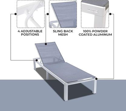 LeisureMod Marlin Aluminum Outdoor Chaise Lounge Chair - Mesh Sling Fabric Seat White Aluminum Frame Beach, Pool Lounge Chair for Modern Patio Lawn, Garden and Backyard (Dark Grey)