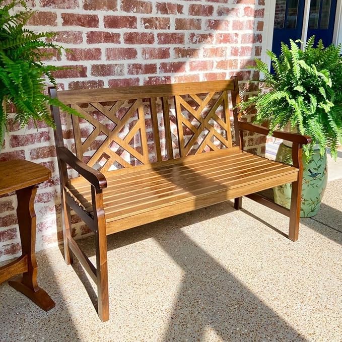 PHI VILLA Outdoor Garden Wooden Bench, 4 Ft Acacia Wood Bench with Curved Backrest and Armrest - Photo 1