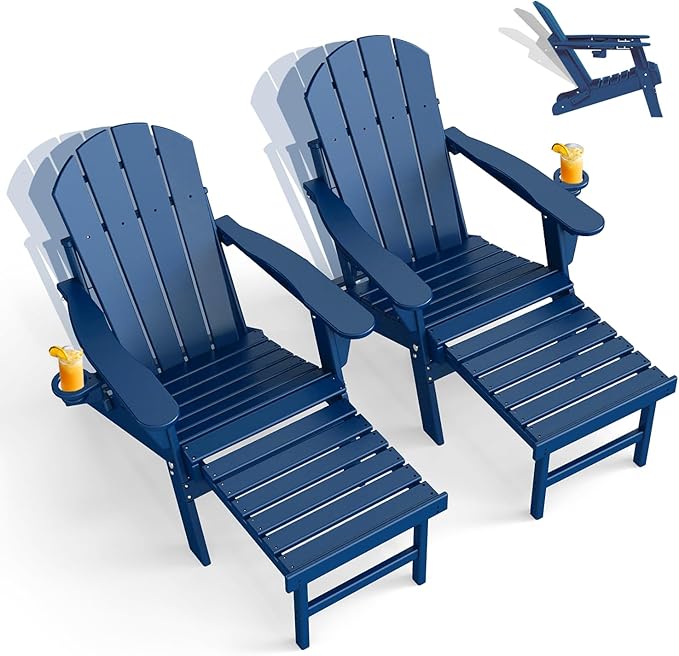 GREENVINES Adjustable Adirondack Chair with Retractable Ottoman Set of 2 | Folding | HDPE Plastic | Fire Pit Chairs w/Foot Rest | 2 Cup Holders | Blue | for Outdoor Patio Poolside Deck