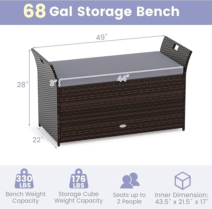 Tangkula 68 Gallon Outdoor Wicker Storage Bench, Patio Storage Box with Hand-Woven PE Rattan, Cushion & Side Handles, Outdoor Deck Box for Poolside, Backyard, Garden (Gray)