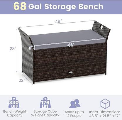 Tangkula 68 Gallon Outdoor Wicker Storage Bench, Patio Storage Box with Hand-Woven PE Rattan, Cushion & Side Handles, Outdoor Deck Box for Poolside, Backyard, Garden (Gray)