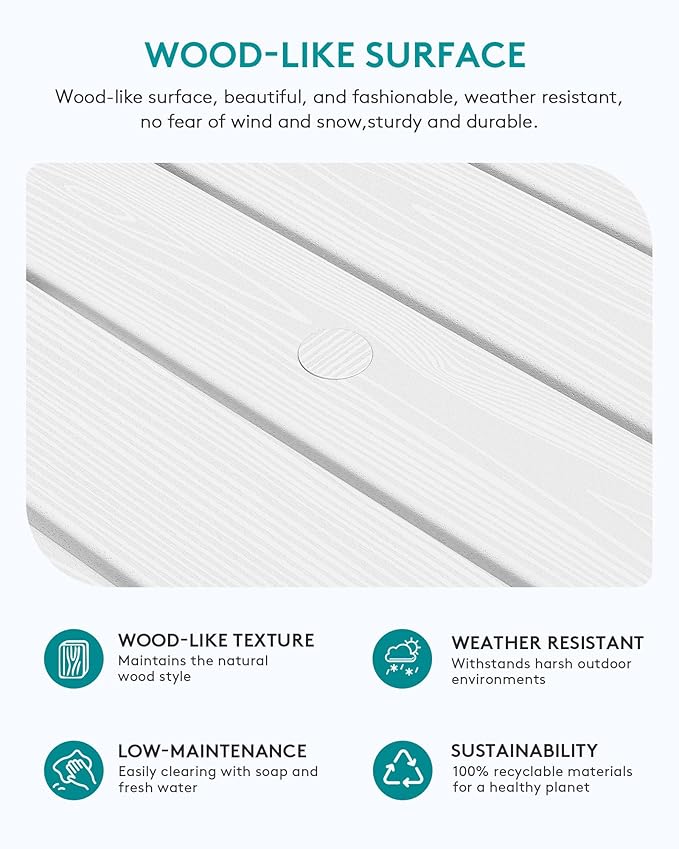 SERWALL Outdoor Coffee Table with 1.69" Umbrella Hole, HDPE Patio Coffee Table for Outside, Rectangle, White - Photo 4