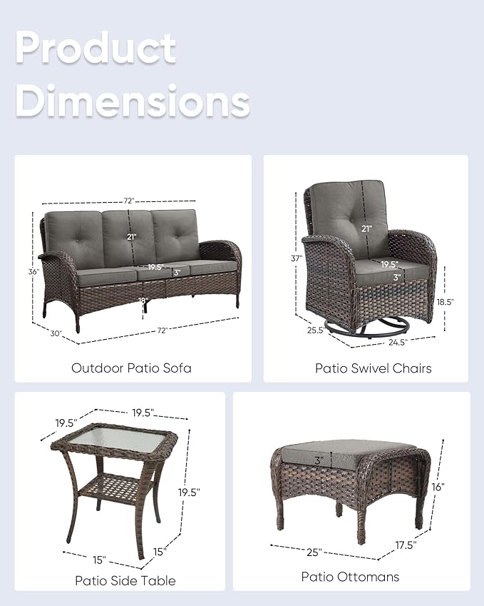 6 Pieces Outdoor Furniture-Patio Swivel Rocker Chairs Set of 2 3-Seater Wicker Couch with Outdoor Ottoman Outdoor Patio - Photo 6