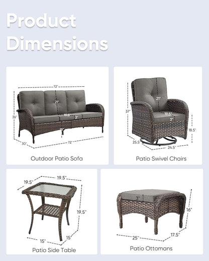 6 Pieces Outdoor Furniture-Patio Swivel Rocker Chairs Set of 2 3-Seater Wicker Couch with Outdoor Ottoman Outdoor Patio Furniture Set for Deck Porch Garden Balcony Poolside-Brown/Grey