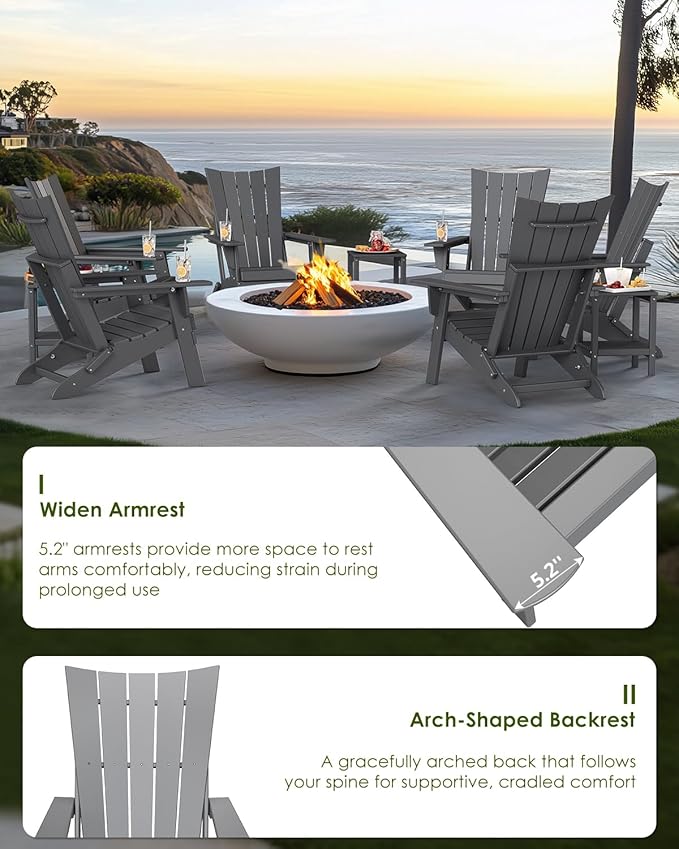 GREENVINES Folding-Adirondack-Chairs-Set-of-6 | HDPE Plastic | Arch Series | Fire Pit Chair | All Weather | for Outdoor Patio Deck Backyard Poolside | Grey