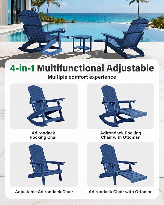 YEFU Adirondack Chairs with Retractable Ottoman: Oversize Adirondack Rocking Chairs - 5-Level Adjustable High Back - Outdoor Rocker with Cup Holder for Porch/Gardens/Lawn/Patio/Backyard/Navy