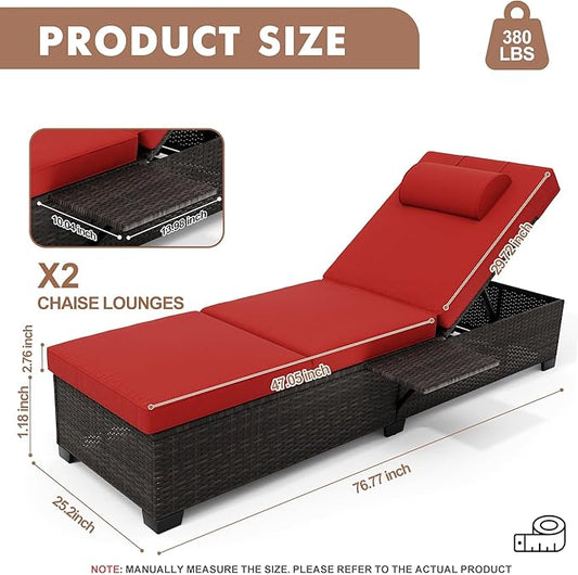 2-Piece Outdoor PE Wicker Chaise Lounge Chairs, Adjustable Reclining Patio Rattan Loungers with Cushions, Foldable Side Table & Head Pillow, All-Weather Pool Lounge Set for Garden, Deck, or Beach
