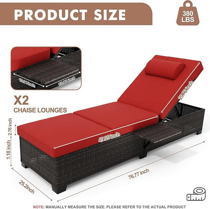 GarveeLife Patio Lounge Chairs, Outdoor Pool Furniture, Outdoor PE Wicker Chaise Lounge Set of 2, Chaise Lounge Chair, Brown Rattan Recliners with Adjustable Backrest,Storage Table, Red & Brown