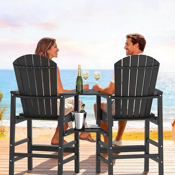 VINGLI Tall Adirondack Chairs Set of 2, All Weather HDPE Bar Height Adirondack Chair with Double Trays, Adirondack Barstools for Balcony, Poolside, Backyard and Patio (Black)