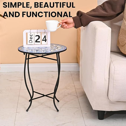 Metal Round Side Table, Weather Resistant Patio Accent Table for Indoor Outdoor Use, 14”Plant Stand for Flower Pots Vase Home Decor, Easy Assemble
