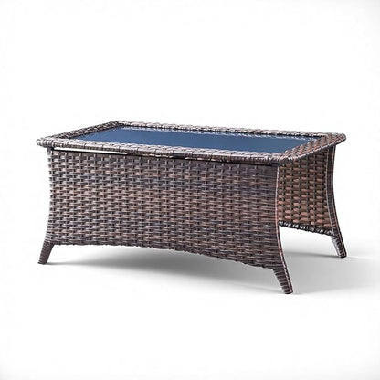Outdoor Patio Wicker Coffee Table, All-Weather Rattan Coffee Table with Black Tempered Glass Top, Patio Rectangle Coffee Table for Porch, Yard, Garden, Brown Wicker