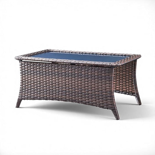 Outdoor Patio Wicker Coffee Table, All-Weather Rattan Coffee Table with Black Tempered Glass Top, Patio Rectangle Coffee Table for Porch, Yard, Garden, Brown Wicker