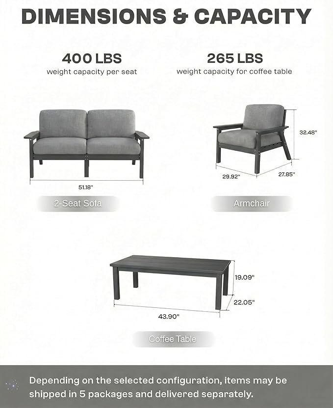 Patio Furniture Set, HDPE Outdoor Sofa Set with Gray Washable Cushions, Patio Conversation Sets for Lawn, Garden, Porch, Balcony & Deck, Durable Outdoor Sectional Furniture (Gray Frame)