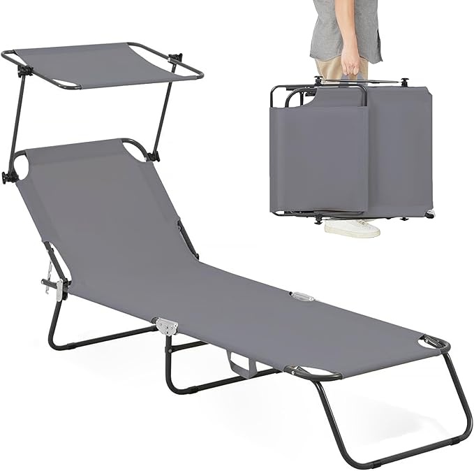 Folding Outdoor Lounge Chair with Canopy - Portable & Adjustable Beach Lounge Chair - 5-Positions, Carry Handles, 600D Fabric, 265 lbs Capacity – Tanning Chaise Lounge for Beach, Patio, Lawn