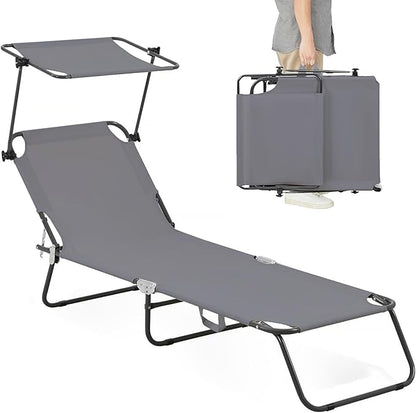 Folding Outdoor Lounge Chair with Canopy - Portable & Adjustable Beach Lounge Chair - 5-Positions, Carry Handles, 600D Fabric, 265 lbs Capacity – Tanning Chaise Lounge for Beach, Patio, Lawn