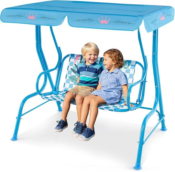 Costzon Kids Porch Swing, All-Weather Patio Swing Bench Hammock w/Adjustable Canopy & Safety Belts for 2 Children - Photo 1