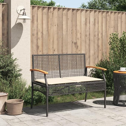 2-Seat Outdoor Garden Bench in Black-Brown Poly-Rattan, 42.5 x 22.4 x 33.5 in, Powder-Coated Steel Frame with Weather-Resistant Cushions for Patio, Porch, Balcony