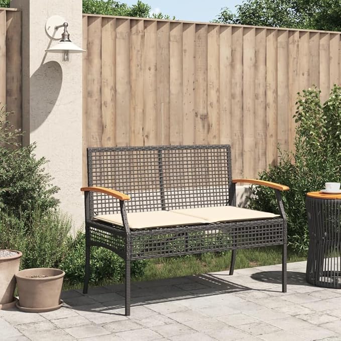 Outdoor Patio Bench with Cushion, Black PE Rattan Garden Bench with Acacia Wood Frame, Waterproof All-Weather Furniture for Backyard, Porch, Poolside, Comfortable Seating Removable Washable Cover