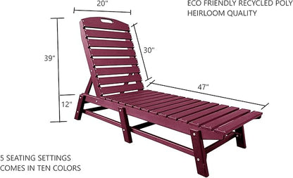 Phat Tommy Outdoor Pool Chaise Lounge, Heavy-Duty Beach Lounger - Folding, HDPE, Recycled Poly Furniture - Reclining Lounge Chair for Patio, Deck, Beach, Cabana, or Poolside, Dark Red
