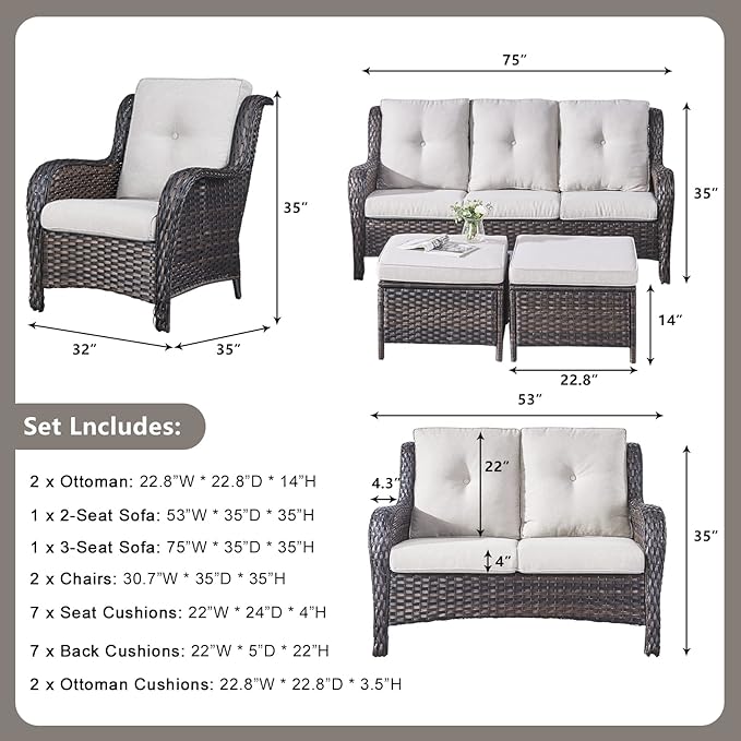 Rilyson Wicker Patio Furniture Set - 6 Piece Rattan Outdoor Sectional Conversation Sets with 1 Sofa, 1 Loveseat - Photo 2