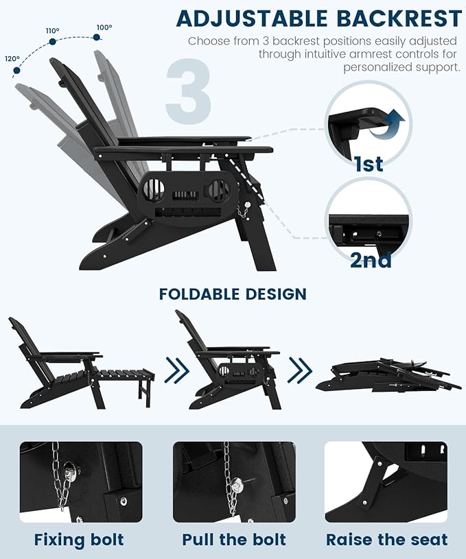 FOOWIN Folding Adjustable Adirondack Chair with Retractable Ottoman Set of 2,HDPE Adirondack Chair w/4 in 1 Cup Holder Trays,All-Weather Resistant Fire Pit Chair for Outdoor Patio Lawn, Black