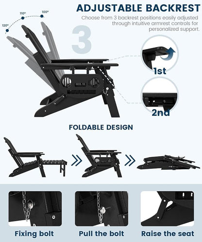 FOOWIN Folding Adjustable Adirondack Chair with Retractable Ottoman Set of 4,HDPE Adirondack Chair w/4 in 1 Cup Holder Trays,All-Weather Resistant Fire Pit Chair for Outdoor Patio Lawn, Black