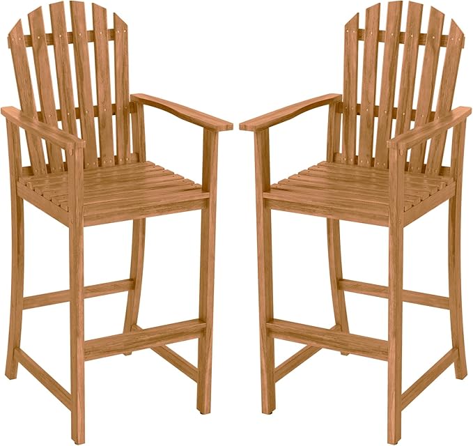 Tangkula Tall Adirondack Chair, Outdoor Acacia Wood Bar Stool with Back, Armrests and Footrest, Bar Height Patio Chair for Balcony, Porch, Deck and Backyard (2,Natural)