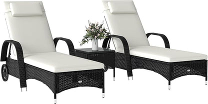 Outsunny Wicker Outdoor Chaise Lounge Chair Set of 3 with Side Table, 5-Level Adjustable Backrest PE Rattan Pool Lounge Chair with Wheels, Cushion & Headrest, Black and Cream White