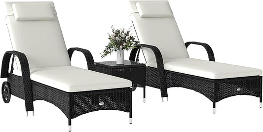Outsunny Wicker Outdoor Chaise Lounge Chair Set of 3 with Side Table, 5-Level Adjustable Backrest PE Rattan Pool Lounge Chair with Wheels, Cushion & Headrest, Black and Cream White