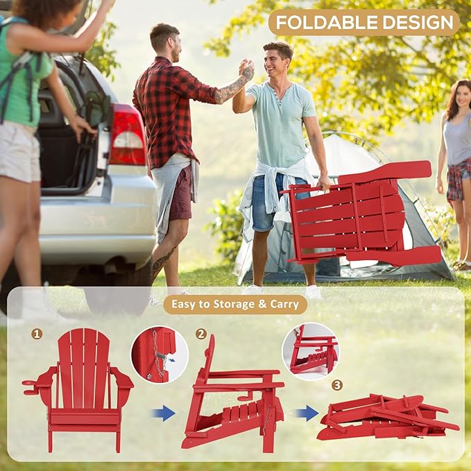 Adirondack Chair with Cushion & Cup Holder, HDPE Folding Adirondack Chair with Wood-Like Grain Outdoor Fire Pit Chairs for Patio/Porch/Swimming Pool/Camping
