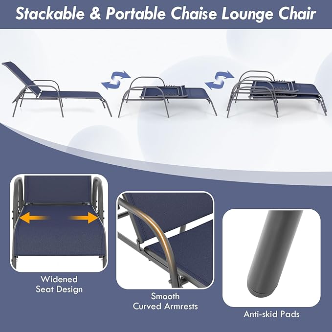 Giantex Patio Lounge Chair, Outdoor Chaise Lounge with 5 Adjustable Backrest, Sturdy Steel Frame, Sunbathing Recliner - Photo 4