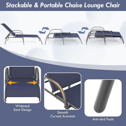 Giantex Patio Lounge Chair, Outdoor Chaise Lounge with 5 Adjustable Backrest, Sturdy Steel Frame, Sunbathing Recliner, Tanning Chair for Beach, Outside, Yard, Balcony, Pool Chairs, Navy