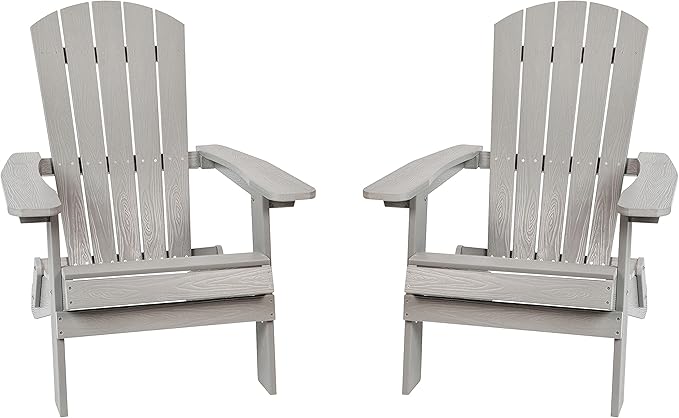 Flash Furniture Charlestown Folding Adirondack Chair - Gray - Poly Resin - Indoor/Outdoor - Weather Resistant - Set of 2