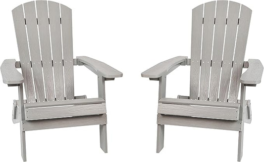 Flash Furniture Charlestown Folding Adirondack Chair - Gray - Poly Resin - Indoor/Outdoor - Weather Resistant - Set of 2