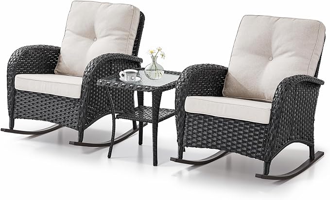 Belord Patio Rocking Chairs Wicker Set - Outdoor Rocking Chairs Set of 2 with Side Table - Photo 2