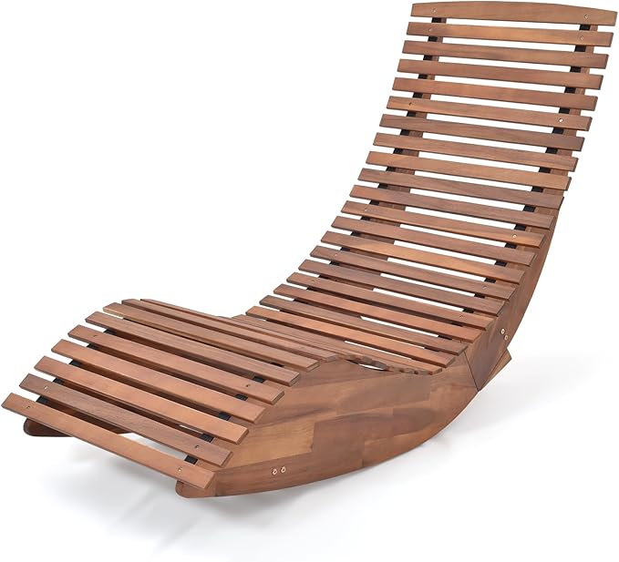 Tangkula Outdoor Acacia Wood Rocking Chair, Porch Rocker with Widened Slatted Seat and High Back, Wooden Rocking Patio Chair, Outdoor Rocking Sun Lounger for Backyard, Garden