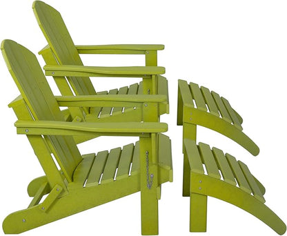 WestinTrends Malibu Outdoor Lounge Chair Set, 4-Pieces Adirondack Chair Set of 2 with Ottoman, All Weather Poly Lumber Patio Lawn Folding Chair for Outside Pool Beach, Lime