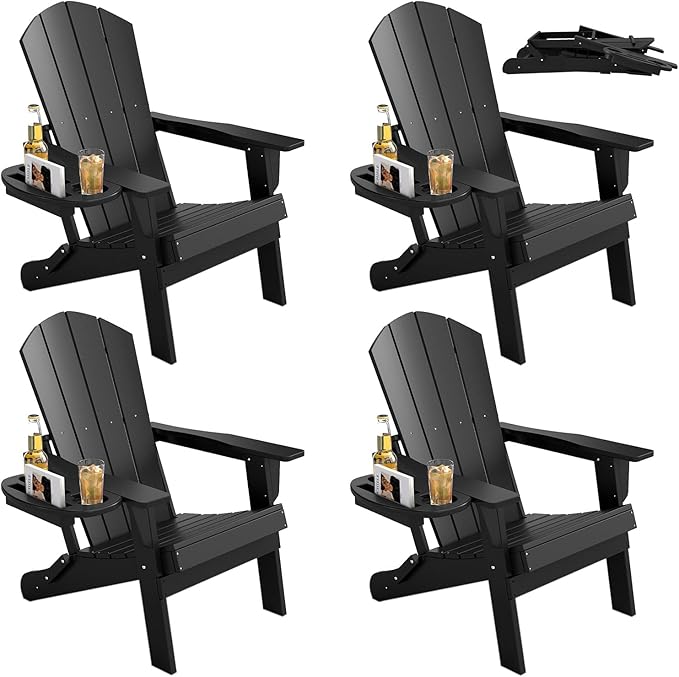 FOOWIN Folding Adirondack Chair Set of 4, HDPE Adirondack Chairs with Cup Holder, Weather Resistant Plastic Fire Pit Chairs for Outdoor, Patio, Lawn, Garden, Backyard, Deck, Black