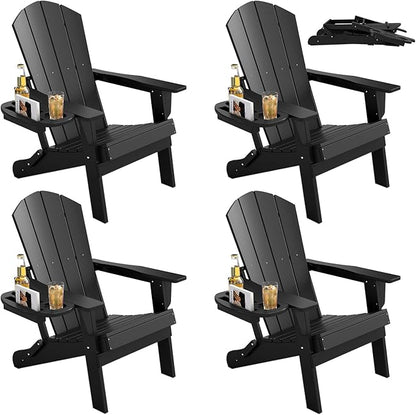 FOOWIN Folding Adirondack Chair Set of 4, HDPE Adirondack Chairs with Cup Holder, Weather Resistant Plastic Fire Pit Chairs for Outdoor, Patio, Lawn, Garden, Backyard, Deck, Black