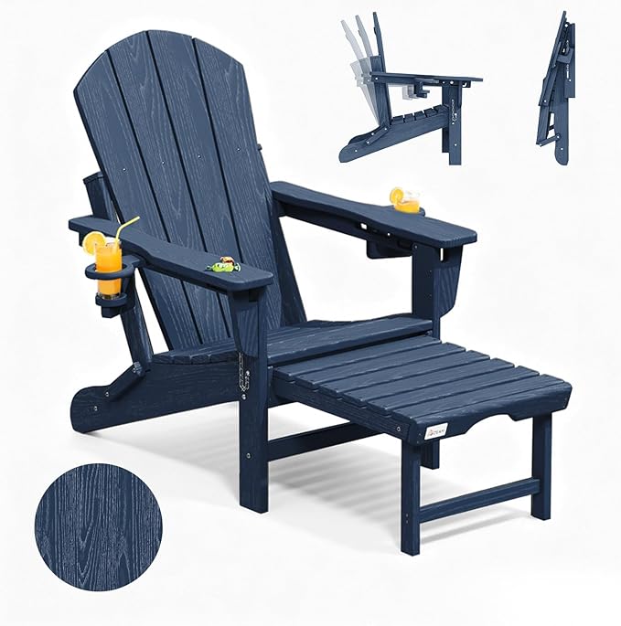 Mdeam 3-Level Adjustable Adirondack Chair with Retractable Ottoman, HDPE All-Weather Folding Fire Pit Chair with 2 Cup Holders, Outdoor Chair for Deck Patio Garden Backyard Lawn (Navy Blue)
